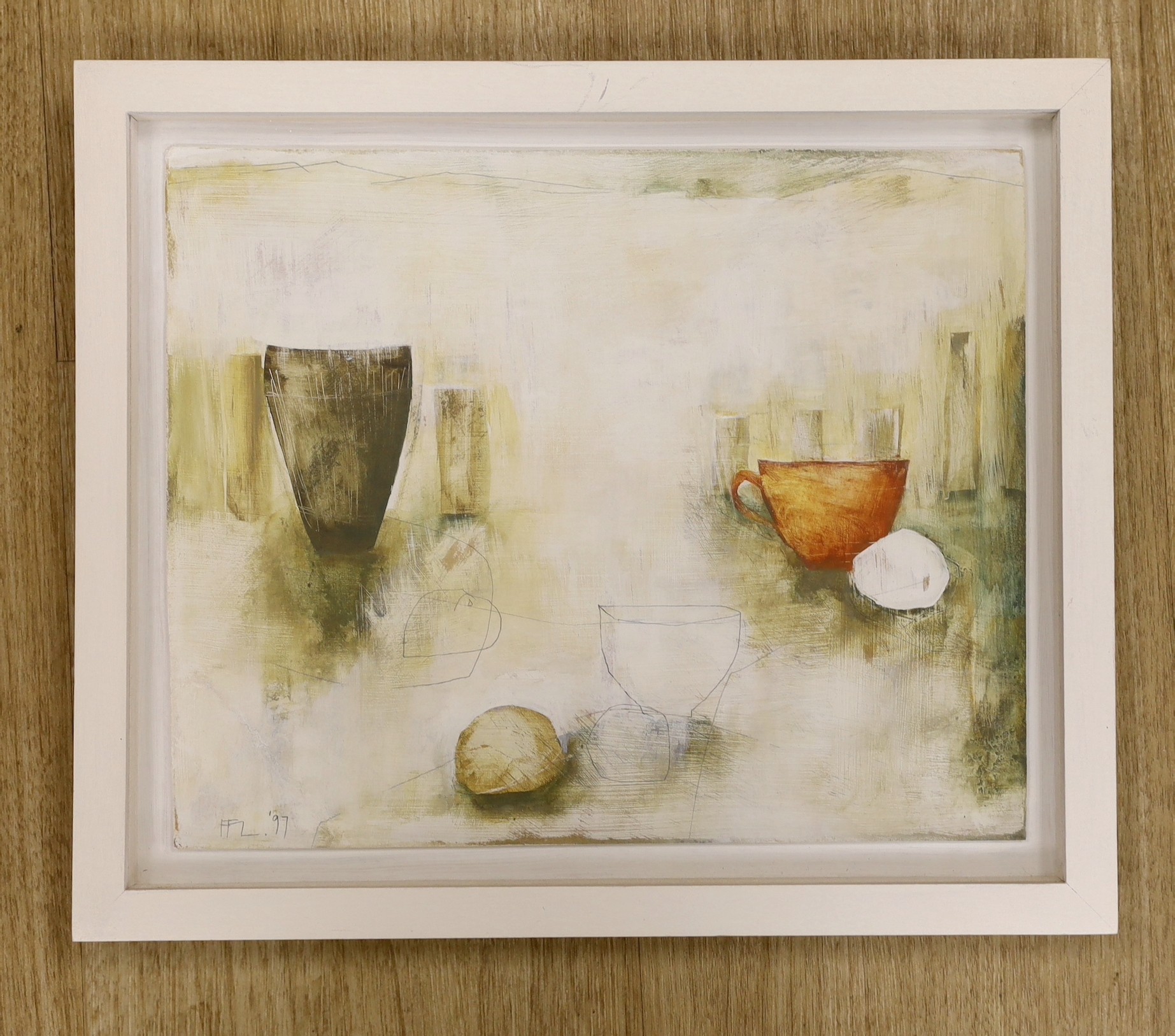 Ffiona Lewis (b.1964), oil and pencil on relief board, 'Red Cup - Dado Rail', signed and dated '97, 22 x 27cm